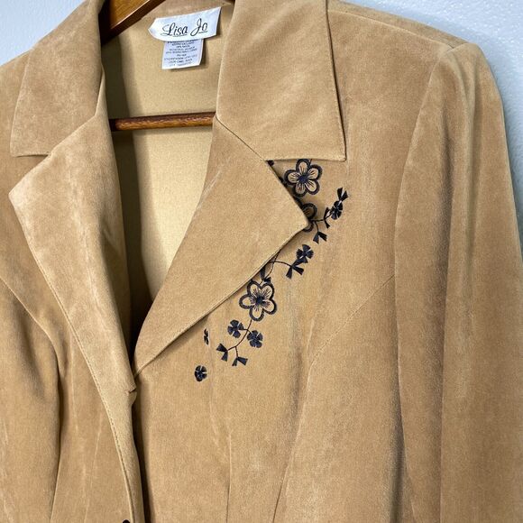 Lisa Jo Women's 14 Tan Black Floral Embroidered Faux Suede Lightweight Blazer - Picture 2 of 14